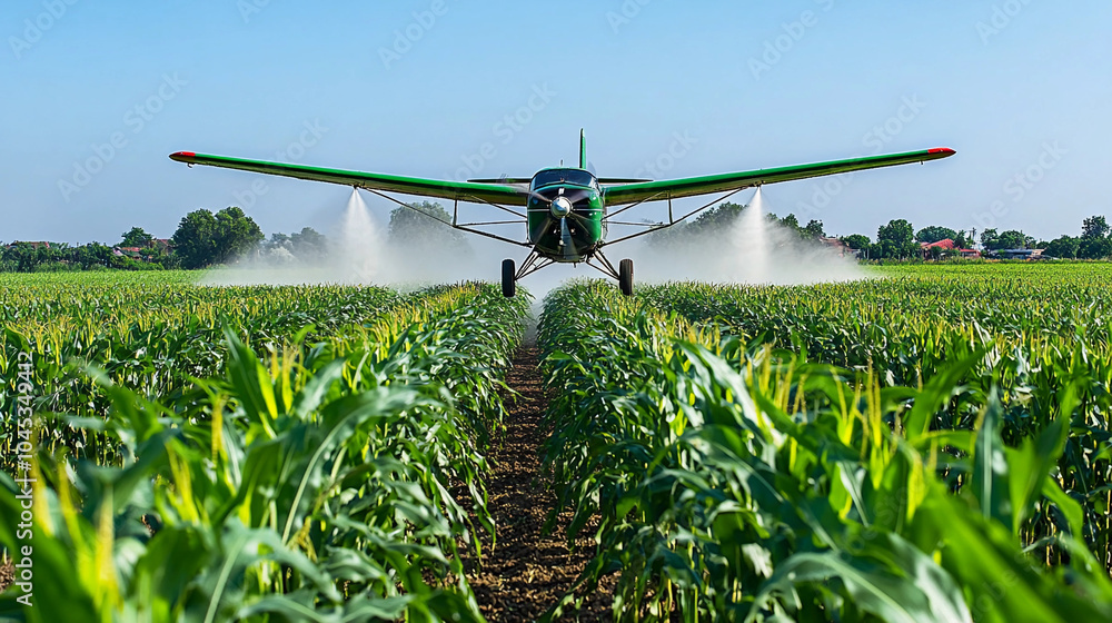 Aerial crop spraying over cornfields in bright daylight showcasing efficient agricultural practices Aerial crop spraying over cornfields in bright daylight showcasing efficient agricultural practices