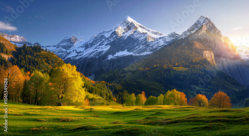 Majestic mountain landscape at sunrise with vibrant autumn foliage in Switzerland