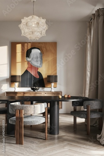 Modern and stylish kitchen with a dinner table concept art..