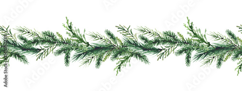 Watercolor Christmas green fir tree branches seamless border frame. Winter evergreen thuja, juniper, pine twigs garland. New Year hand drawn illustration. Watercolour artistic template design.
