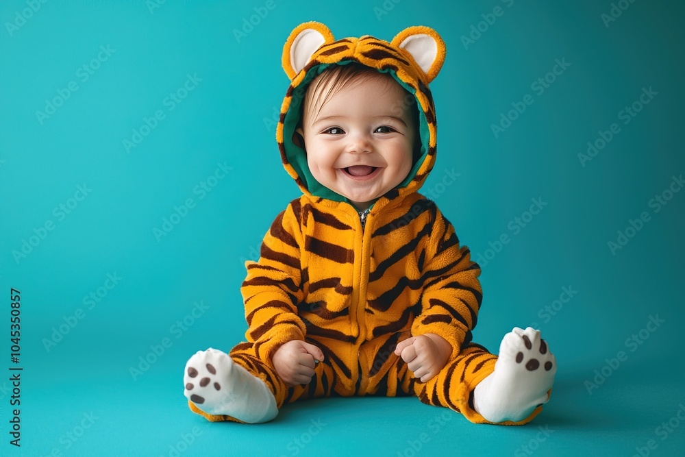 adorable happy baby in tiger pajamas sitting on blue background adorable happy baby in tiger pajamas sitting on blue background
