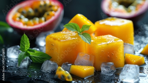 Zesty Mango Passion Fruit Ice Cubes, vibrant ice cubes infused with tropical mango and passion fruit, perfect for refreshing iced water on warm days. photo