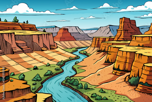 grand canyon vector landscape with rocks and river, hand drawn sketch