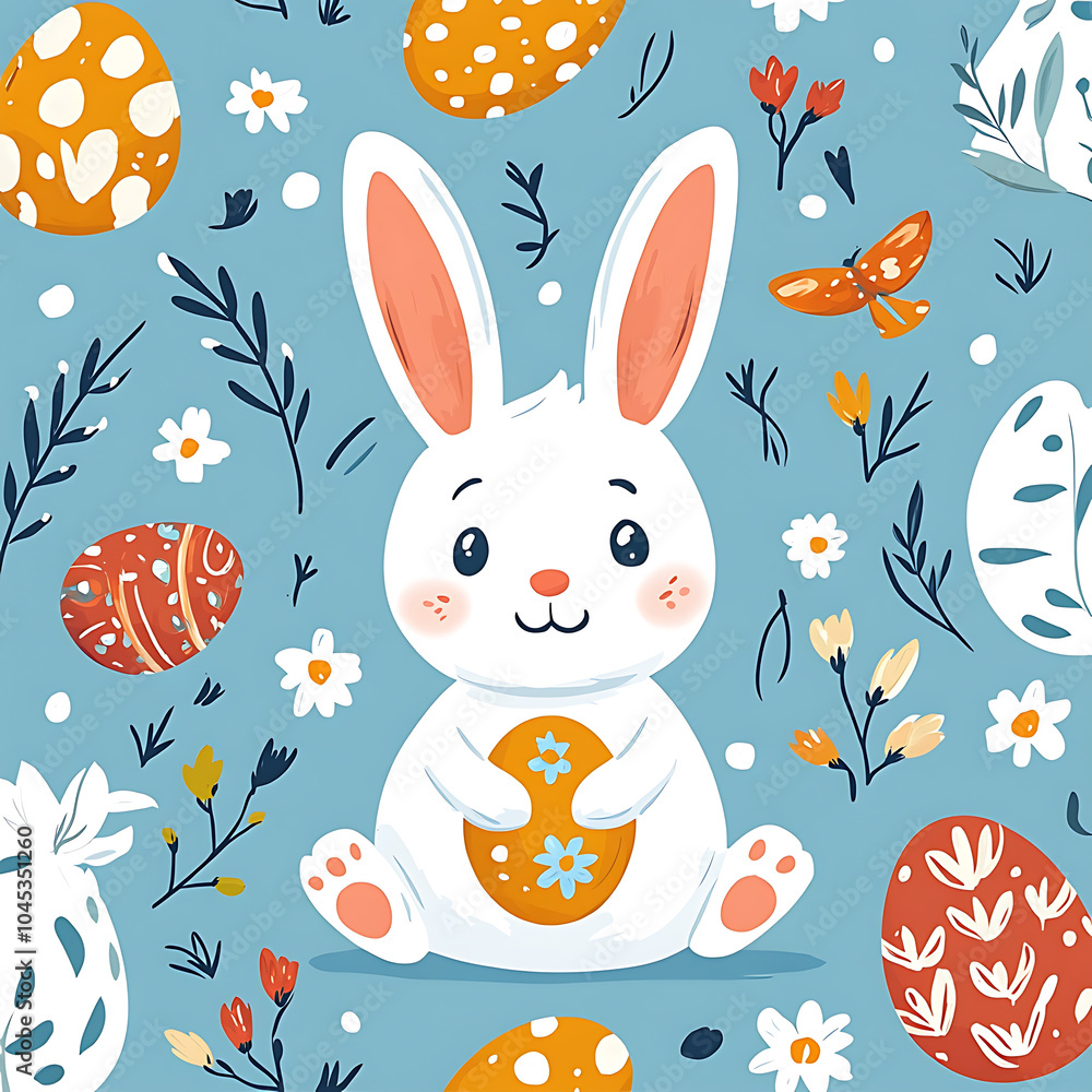 Cute Easter bunny holding an egg surrounded by colorful eggs and flowers, creating cheerful and festive atmosphere perfect for spring celebrations Cute Easter bunny holding an egg surrounded by colorful eggs and flowers, creating cheerful and festive atmosphere perfect for spring celebrations