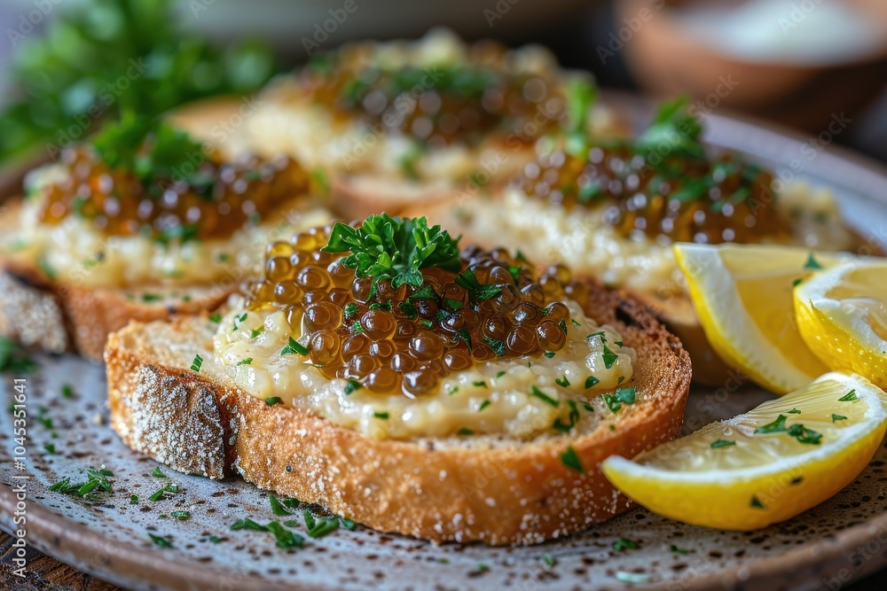 A plate of caviar on buttered toast, garnished with lemon wedges and fresh parsley. A plate of caviar on buttered toast, garnished with lemon wedges and fresh parsley.
