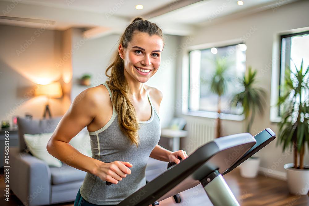 Young woman exercising on treadmill, Smiling at camera