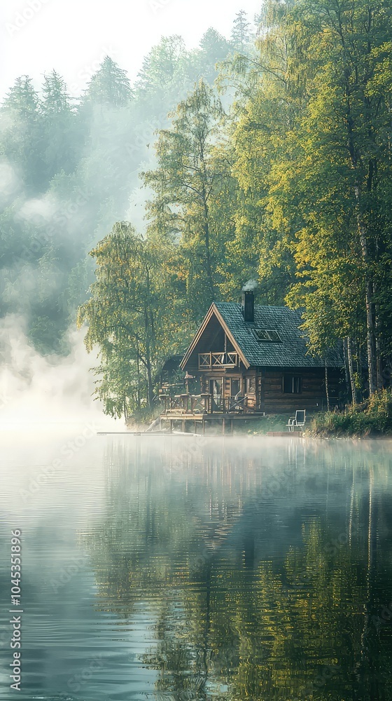 Fototapeta premium Cozy Lakeside Cabin in a Tranquil Nature Retreat
