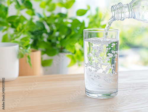  Close up the pouring purified fresh drink water from the bottle on table in living room