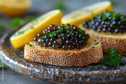 A plate of caviar on buttered toast, garnished with lemon wedges and fresh parsley. photo