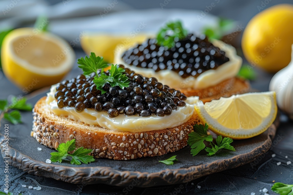 A plate of caviar on buttered toast, garnished with lemon wedges and fresh parsley. A plate of caviar on buttered toast, garnished with lemon wedges and fresh parsley.