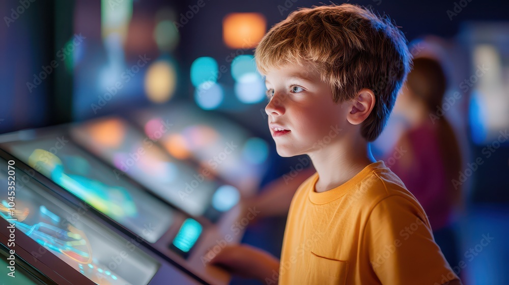 Fototapeta premium Curious boy exploring interactive exhibit, engaged with colorful displays in a fun learning environment.