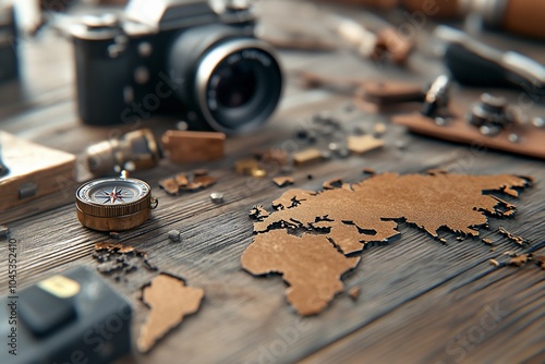 A vintage camera and compass on a wooden table with a world map. photo