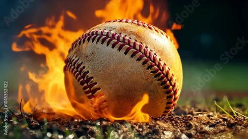A baseball is engulfed in flames on a baseball field