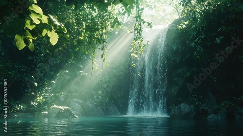 Serene Waterfall in Tropical Jungle with Sunlight