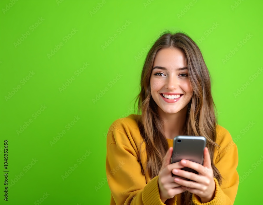 Portrait of attractive cheerful amazed girl using device gadget app smm post isolated over bright green color background Portrait of attractive cheerful amazed girl using device gadget app smm post isolated over bright green color background