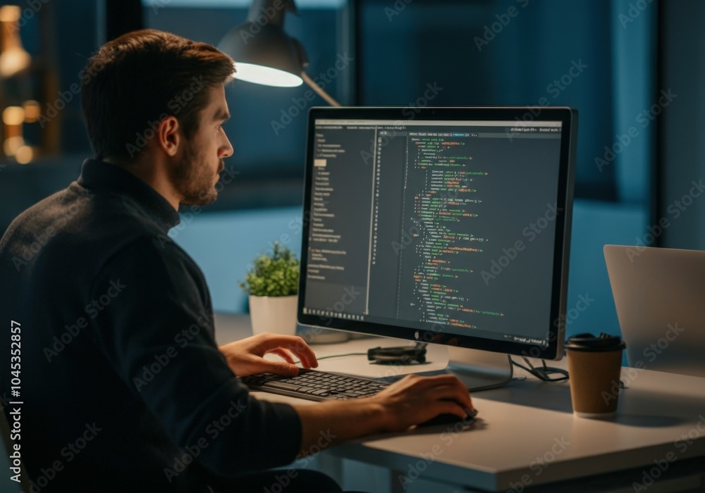Young software developer is working late at night, concentrating on writing code on his computer Young software developer is working late at night, concentrating on writing code on his computer