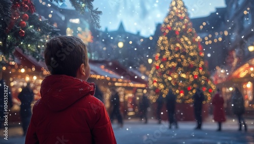 Young boy in a red jacket looking up at the Christmas tree, with people walking past and lights sparkling around them, set in an outdoor shopping center with holiday decorations