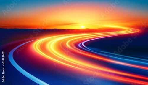 Winding Road, Light Trails, Sunset. Motion Blur, Long Exposure, Transportation, Journey, Scenic