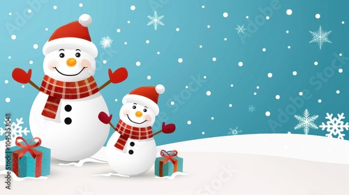 Cute Abstract White Snowmen with Gifts in Winter Scene