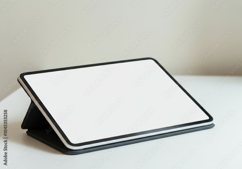 Tablet is standing on a white desk showing a blank white screen Tablet is standing on a white desk showing a blank white screen