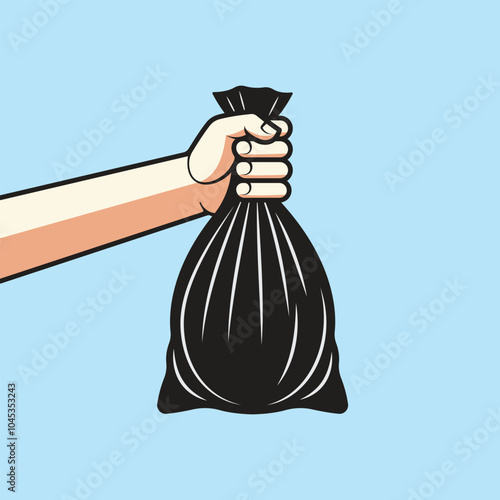 A hand holding a tied black garbage bag on a light blue background in a simple, cartoon style.