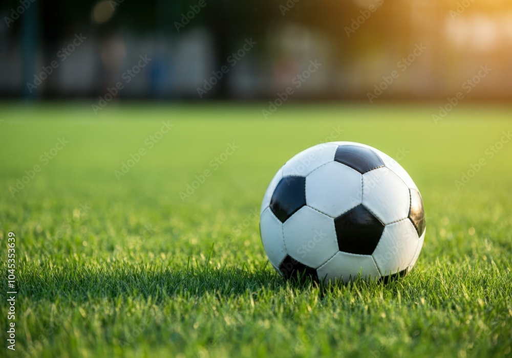 Obraz premium Classic black and white soccer ball sitting on a vibrant green grass field, bathed in the golden glow of the evening sun