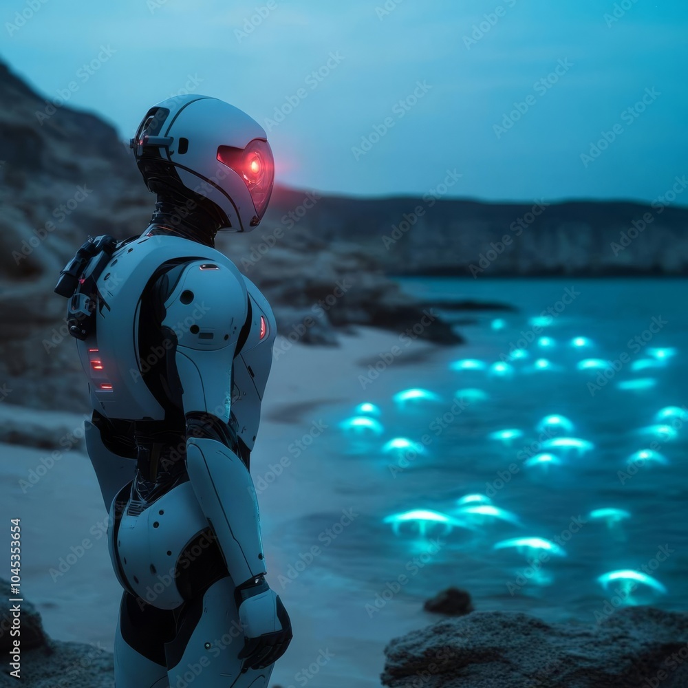 Robot explorer standing on a glowing alien beach, strange bioluminescent creatures in the water