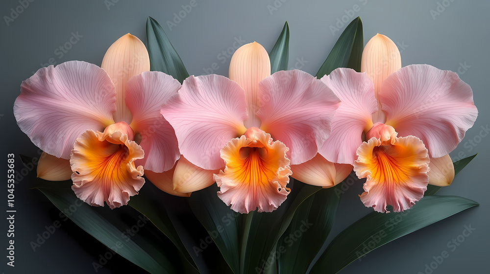 Fototapeta premium A delicate close-up of a blooming cattleya orchid in a spring garden, showcasing the beauty of nature with its bright petals .