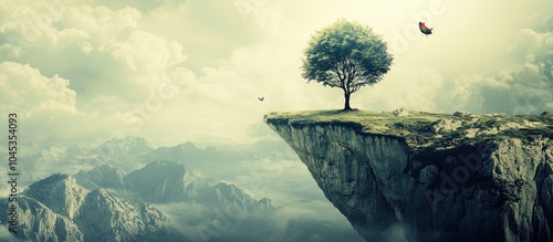 A lone tree stands on a cliff overlooking a misty valley, with two butterflies flying in the sky.