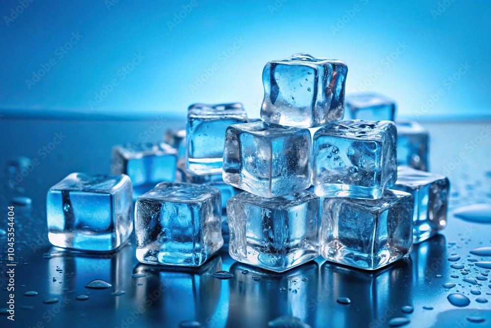 Close-Up Frozen ice cubes on blue background with copy space Close-Up Frozen ice cubes on blue background with copy space
