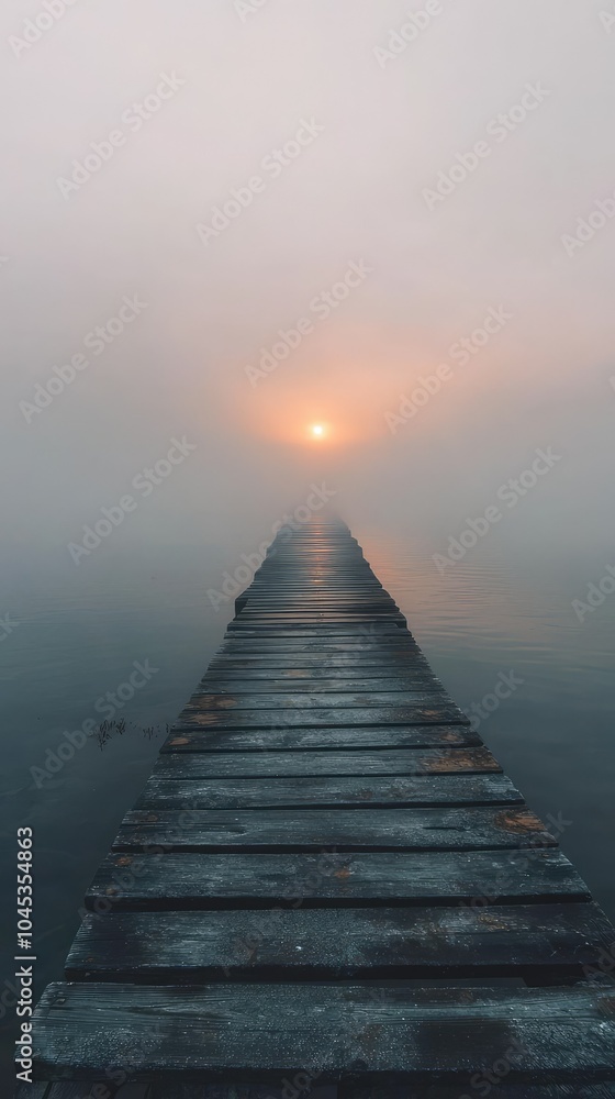 Misty Wooden Pier Stretching into Water at Sunrise Misty Wooden Pier Stretching into Water at Sunrise