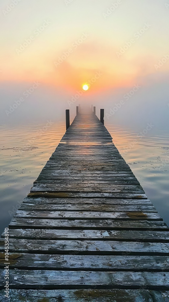 Misty Sunrise Over Wooden Pier Extending Into Water Misty Sunrise Over Wooden Pier Extending Into Water