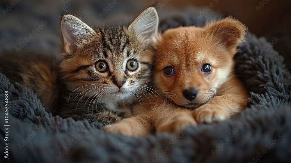 Cute moments of kittens and puppies interacting and playing. Showcasing their adorable behavior and bonding. Ideal for pet lovers and animal-themed content.