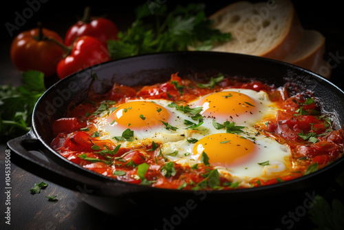 shakshuka on the table in reataurant on dark background.