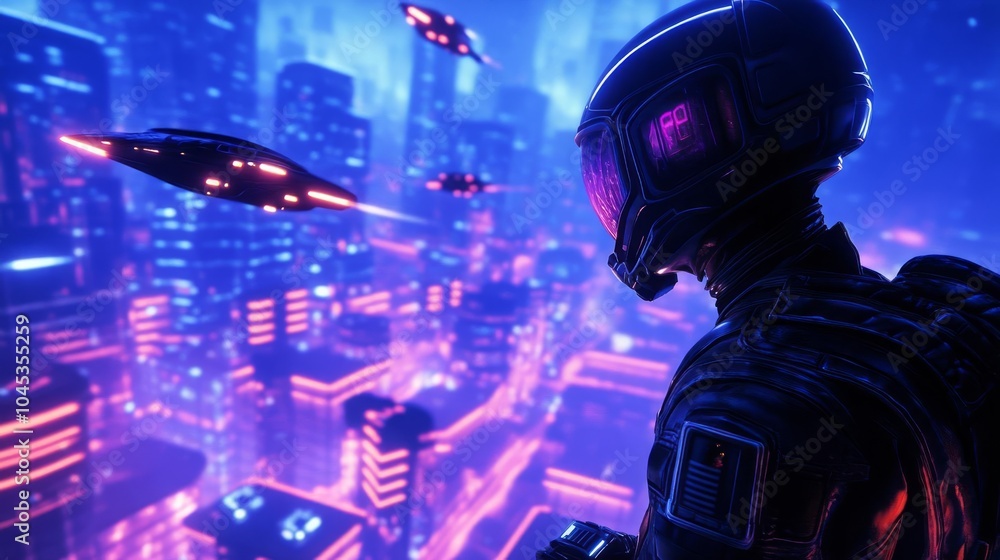 Robot fighter pilot dogfighting with alien ships above a glowing, futuristic city Robot fighter pilot dogfighting with alien ships above a glowing, futuristic city