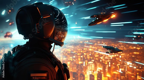 Robot fighter pilot dogfighting with alien ships above a glowing, futuristic city photo