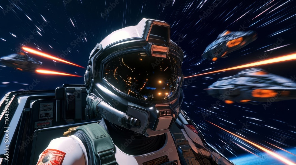 Fototapeta premium Robot fighter pilot in a high-speed chase with alien ships, lasers firing in space