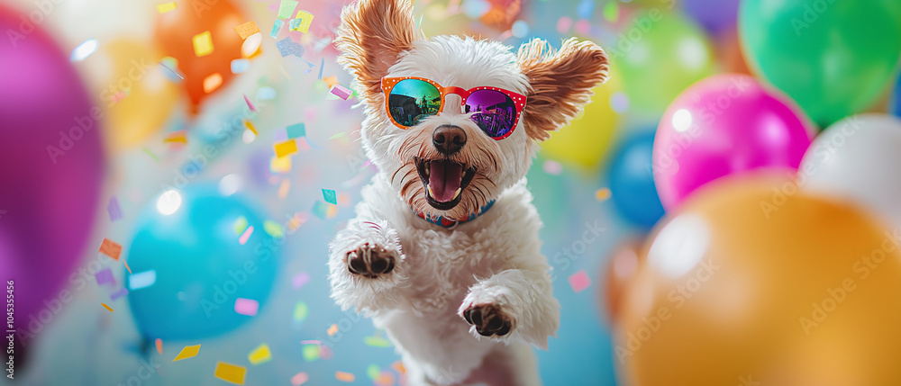 Fototapeta premium Excited small dog wearing sunglasses jumping at a colorful party with balloons and confetti in the background.