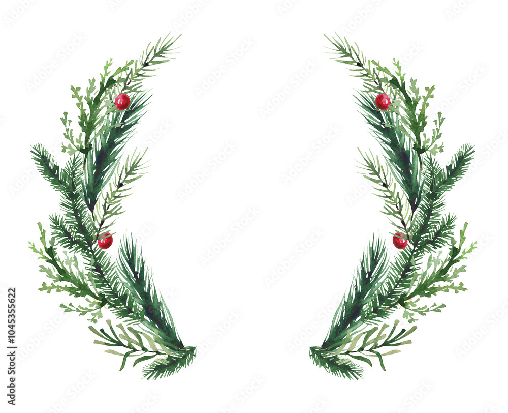 Watercolor Christmas green fir tree branches and red balls symmetric wreath frame. Evergreen twigs of thuja, pine, juniper. New Year hand drawn illustration. Watercolour artistic template design. Watercolor Christmas green fir tree branches and red balls symmetric wreath frame. Evergreen twigs of thuja, pine, juniper. New Year hand drawn illustration. Watercolour artistic template design.