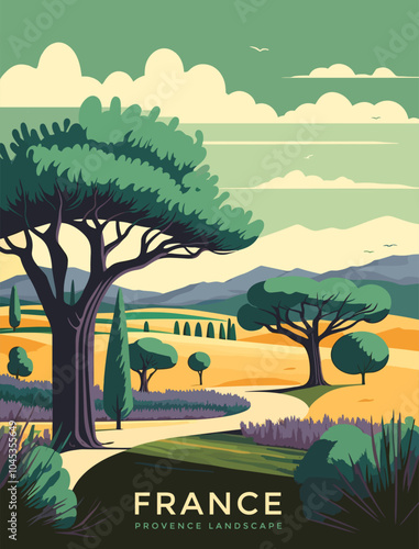 Sunny landscape in France featuring a prominent tree in the foreground with rolling hills in the background.