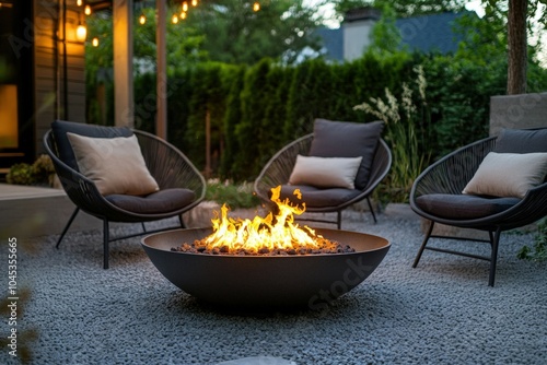 Fire pit is burning during the summer evening with designers relaxing in chairs around it photo