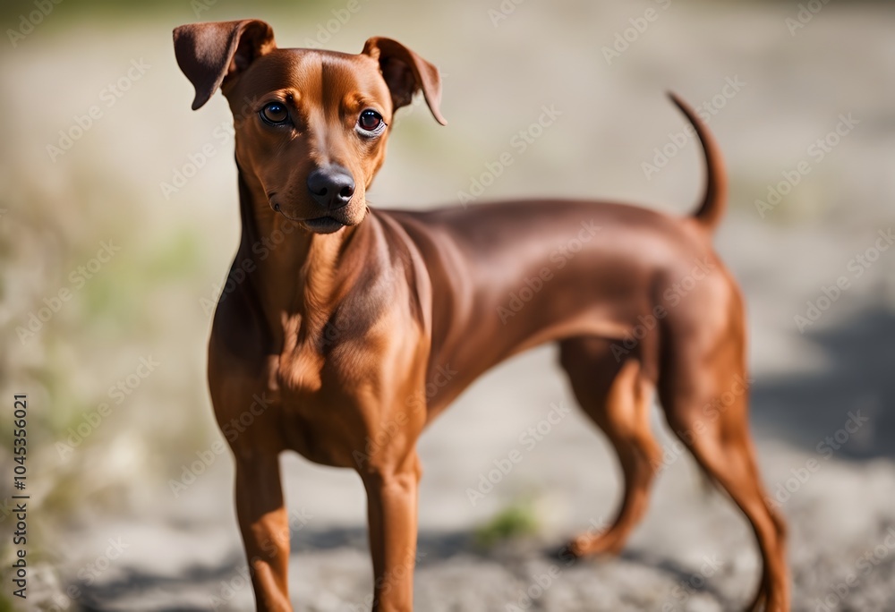 Brown German Pinscher standing on an autumn field Brown German Pinscher standing on an autumn field