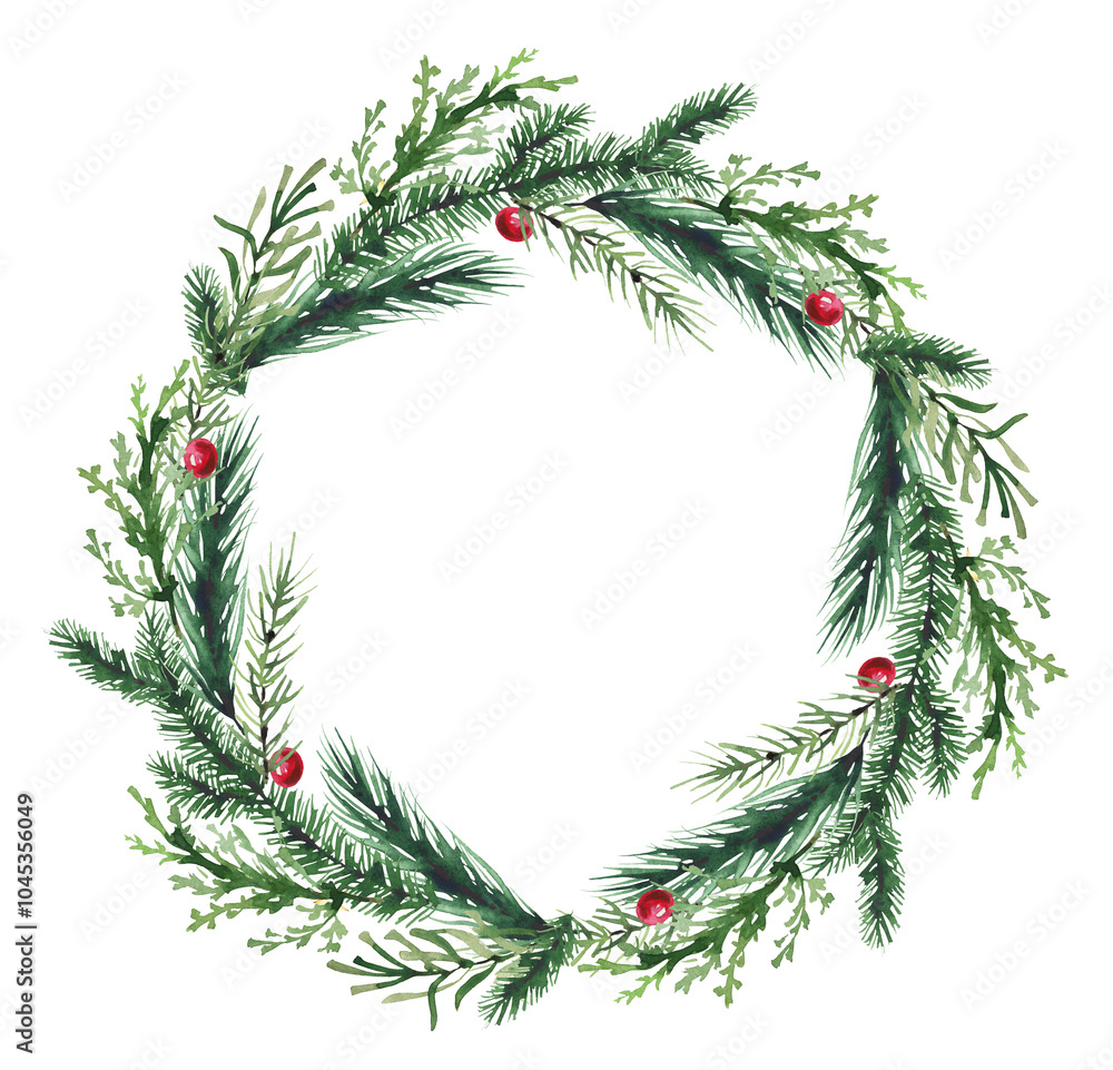Watercolor Christmas green fir tree branches and red balls wreath border frame. Winter Evergreen twigs of thuja, pine, juniper. New Year hand drawn illustration. Watercolour artistic template design. Watercolor Christmas green fir tree branches and red balls wreath border frame. Winter Evergreen twigs of thuja, pine, juniper. New Year hand drawn illustration. Watercolour artistic template design.