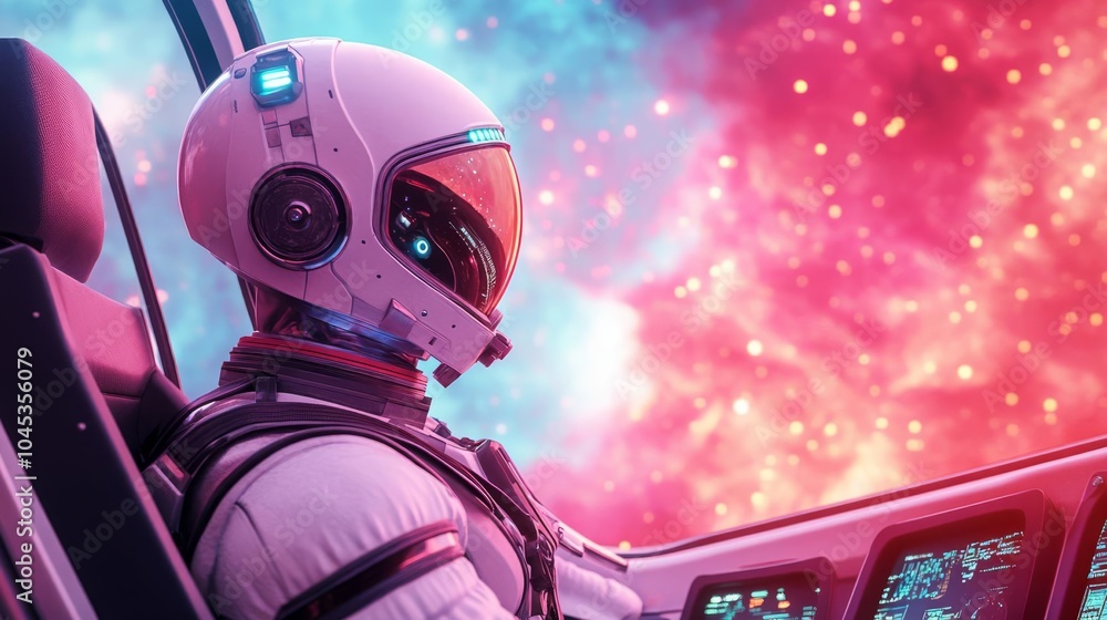 Robot pilot in a high-tech spaceship cockpit, flying through a nebula Robot pilot in a high-tech spaceship cockpit, flying through a nebula