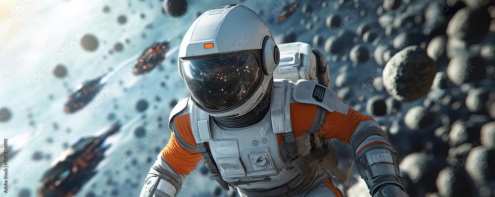 Naklejka premium Robot pilot flying through a dense asteroid field, pursued by alien ships