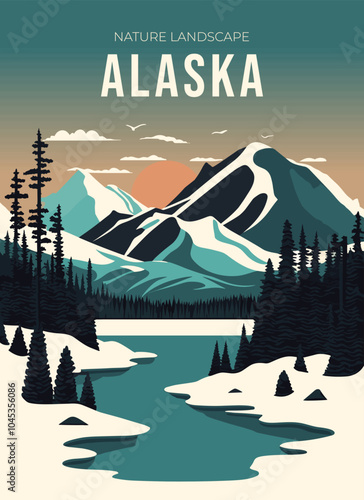 Alaskan landscape with bold mountains, pine trees, and a vintage-style label, capturing wild beauty.