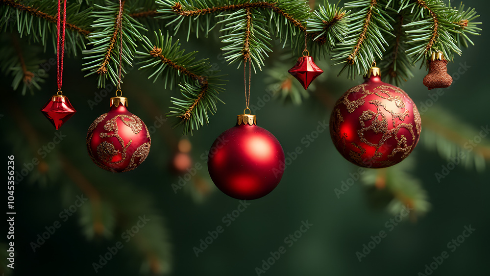 Fir tree branches decorate Christmas ornaments in a festive holiday composition. Fir tree branches decorate Christmas ornaments in a festive holiday composition.