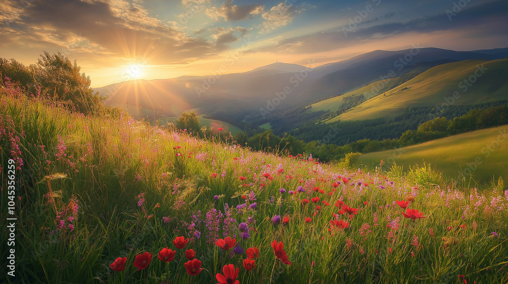 Summer sunrise in a mountain valley in Slovakia, with rolling hills and vibrant wildflowers in the morning ligh Summer sunrise in a mountain valley in Slovakia, with rolling hills and vibrant wildflowers in the morning ligh