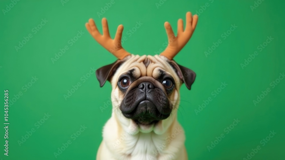 Obraz premium A festive pug wearing reindeer antlers against a vibrant green background with copy space. Festive Christmas background 
