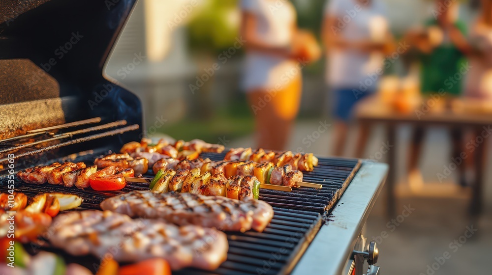 Fototapeta premium Sizzling skewers on a grill, perfect for summer cookouts with friends, showcasing vibrant vegetables and juicy meats.